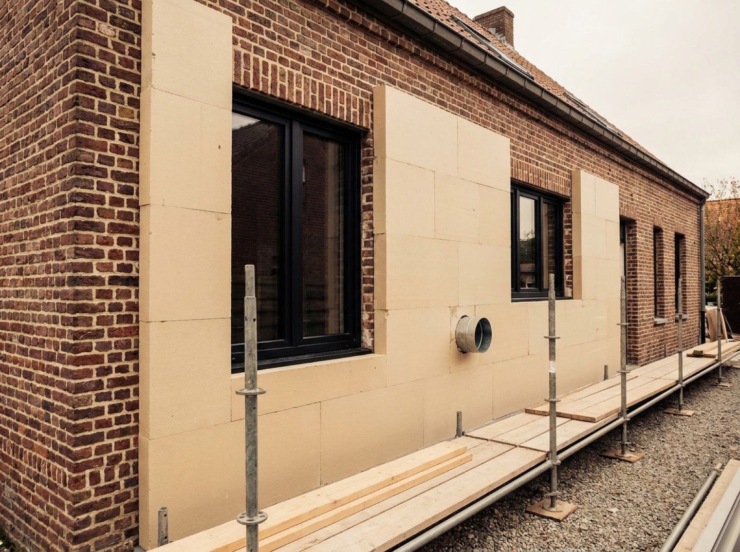 Gevelisolatie en ventilatiedoorvoer in uitvoering bij een Vlaamse woning